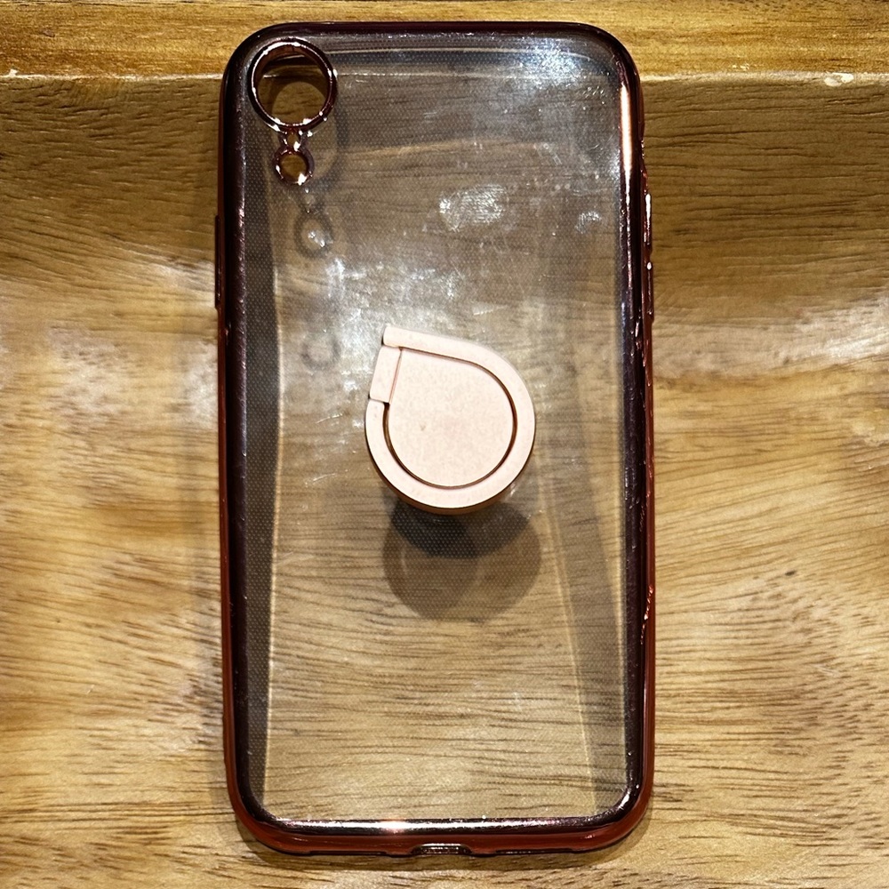 iPhone XR with Finger Ring Clear Geometric Texture Rose Gold Border GUC